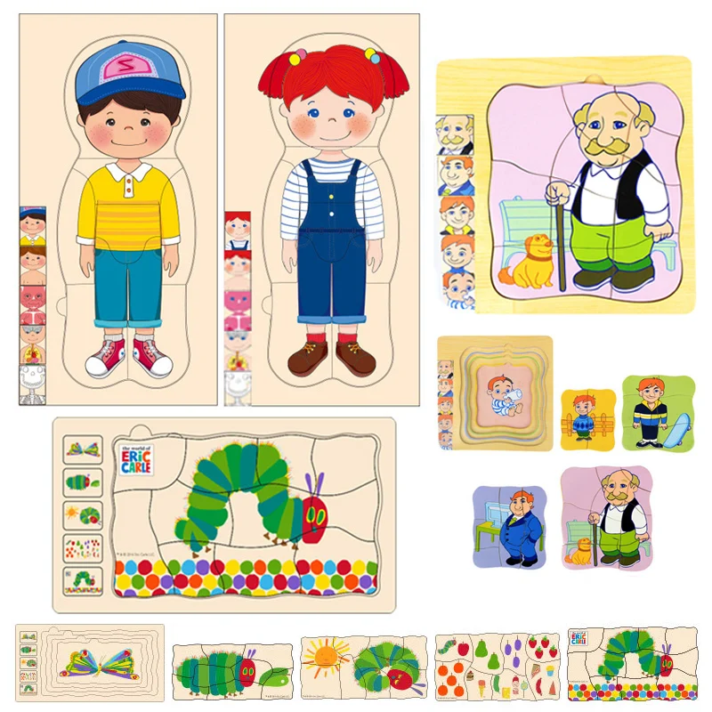 Montessori Man Woman Growth Puzzles Wooden Toys Caterpillar Frog Sunflower Growth Process Puzzle Educational Toys For Children